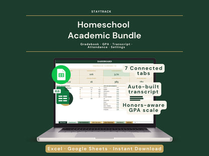 Homeschool Transcript & Gradebook — GPA Calculator + Attendance Tracker (Google Sheets & Excel)