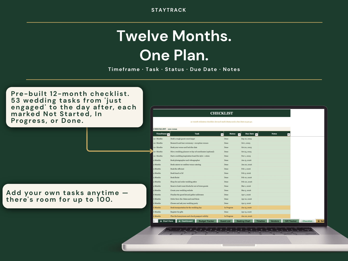 Complete Wedding Planner Spreadsheet — Budget, Guest List, Seating, Timeline & 12-Month Checklist (Google Sheets & Excel)