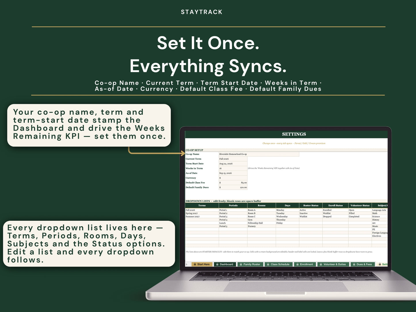 Homeschool Co-op Planner — Roster, Classes, Enrollment, Volunteer & Dues Tracker (Google Sheets & Excel)