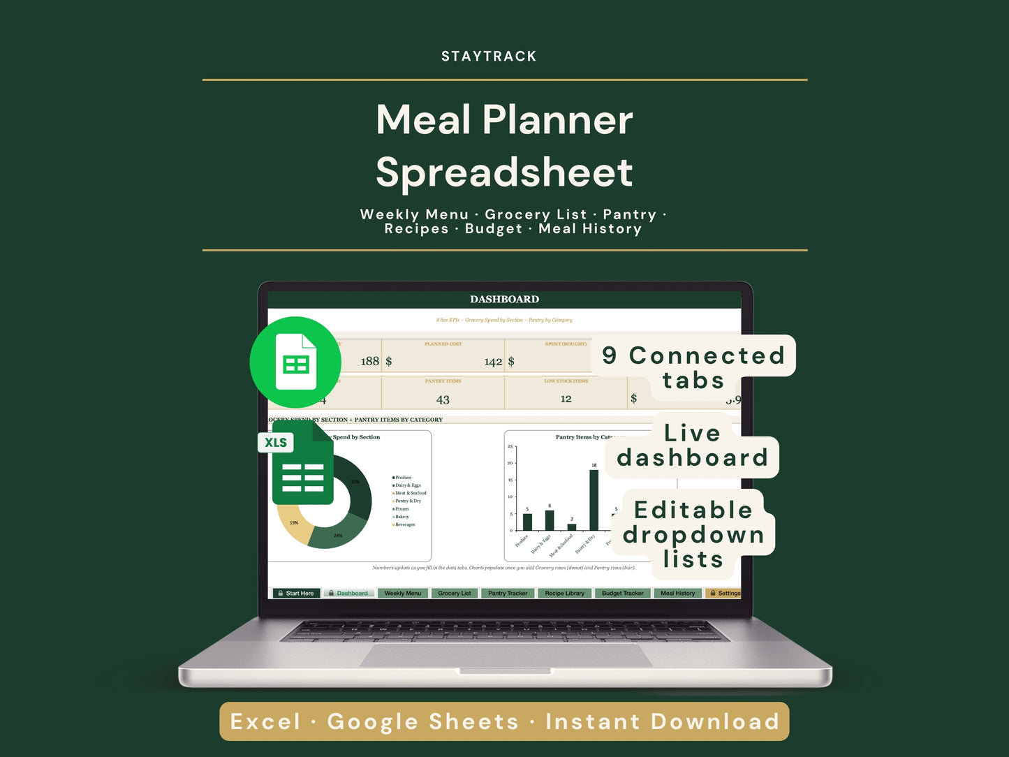 Meal Planner Spreadsheet — Weekly Menu, Auto Grocery List, Recipe Library & Budget (Google Sheets & Excel)