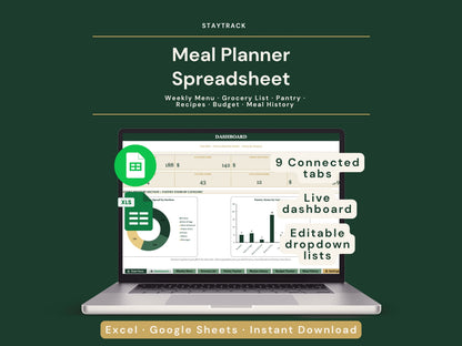 Meal Planner Spreadsheet — Weekly Menu, Auto Grocery List, Recipe Library & Budget (Google Sheets & Excel)