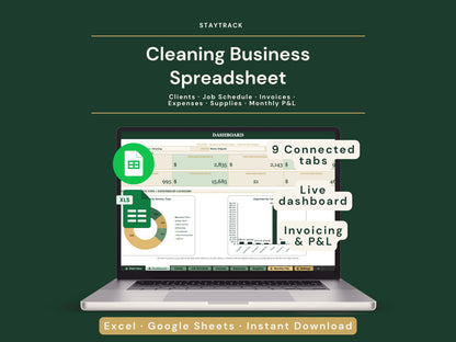 Cleaning Business Operator Spreadsheet — Clients, Schedule, Invoices & Monthly P&L (Google Sheets & Excel)