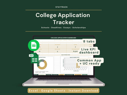College Application Tracker Spreadsheet — Schools, Deadlines, Essays & Scholarships (Google Sheets & Excel)
