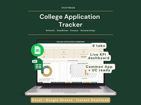 College Application Tracker Spreadsheet — Schools, Deadlines, Essays & Scholarships (Google Sheets & Excel)