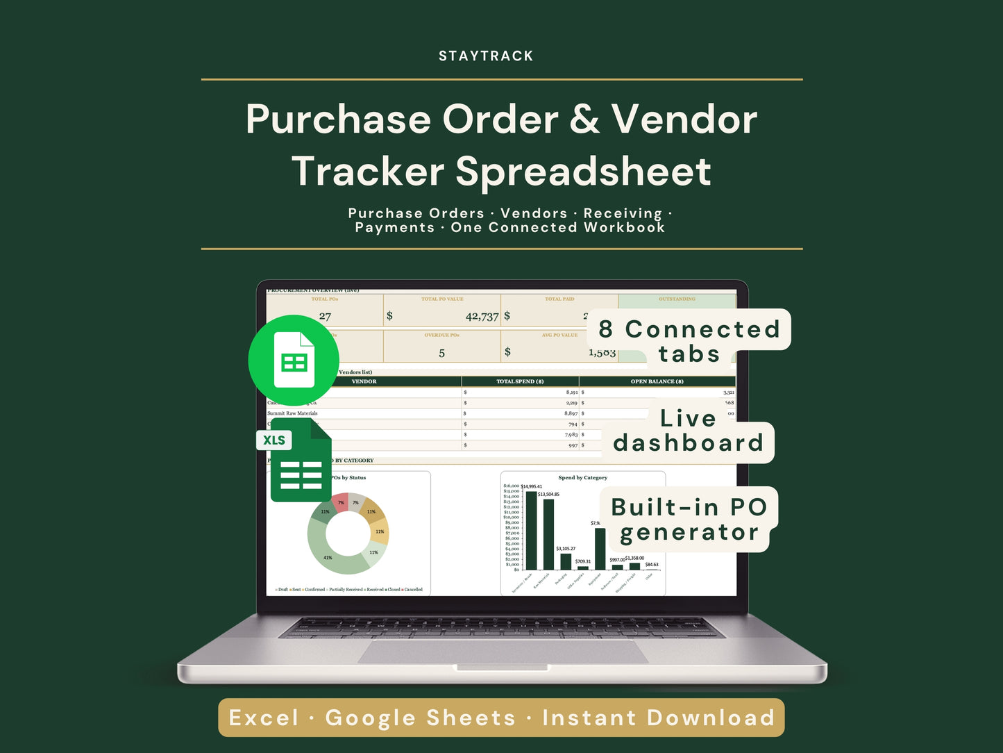 Purchase Order & Vendor Tracker Spreadsheet — Branded POs, Receiving & Payments (Google Sheets & Excel)