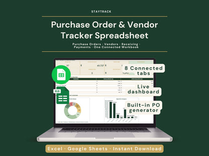 Purchase Order & Vendor Tracker Spreadsheet — Branded POs, Receiving & Payments (Google Sheets & Excel)