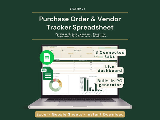 Purchase Order & Vendor Tracker Spreadsheet — Branded POs, Receiving & Payments (Google Sheets & Excel)