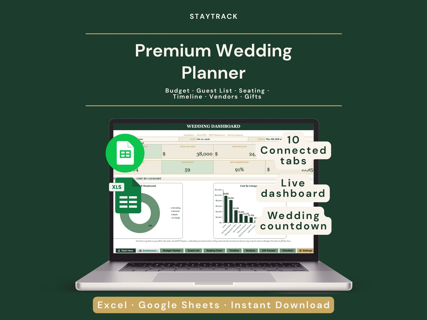 Complete Wedding Planner Spreadsheet — Budget, Guest List, Seating, Timeline & 12-Month Checklist (Google Sheets & Excel)