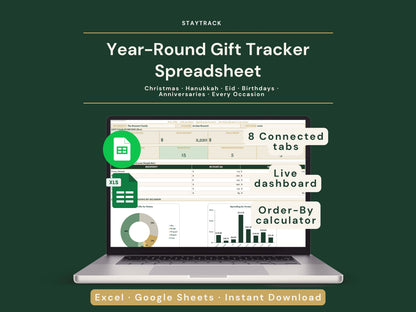 Year-Round Gift Tracker — Multi-Holiday Gift Planner, Budget & Thank-You Log (Google Sheets & Excel)