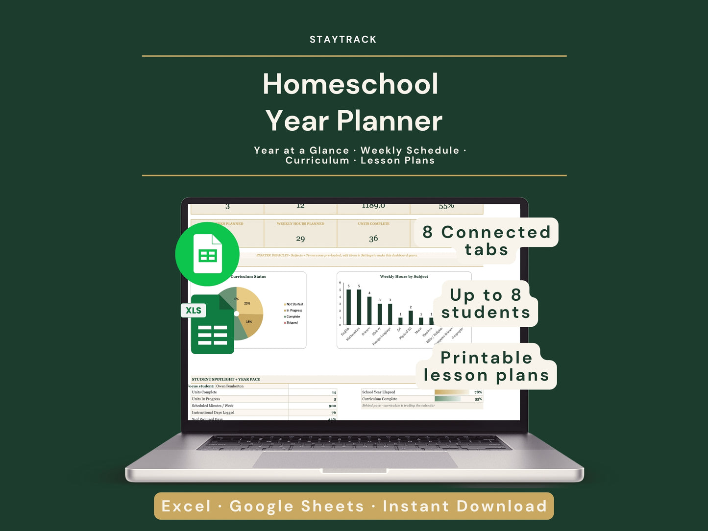 Homeschool Planner — Year-at-a-Glance, Weekly Schedule & Lesson Plans (Google Sheets & Excel)