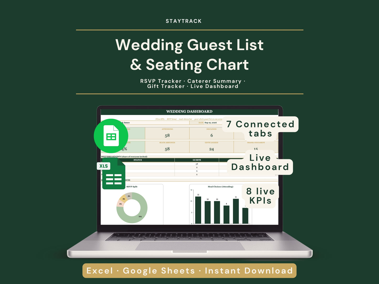 Wedding Guest List & Seating Chart Template — RSVP, Meal & Gift Tracker (Google Sheets & Excel)