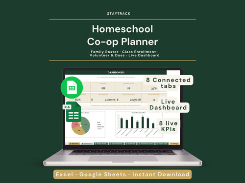 Homeschool Co-op Planner — Roster, Classes, Enrollment, Volunteer & Dues Tracker (Google Sheets & Excel)