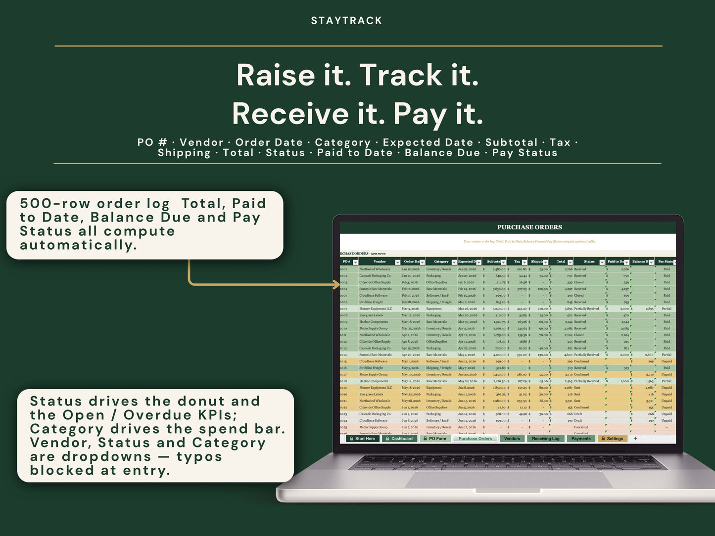 Purchase Order & Vendor Tracker Spreadsheet — Branded POs, Receiving & Payments (Google Sheets & Excel)