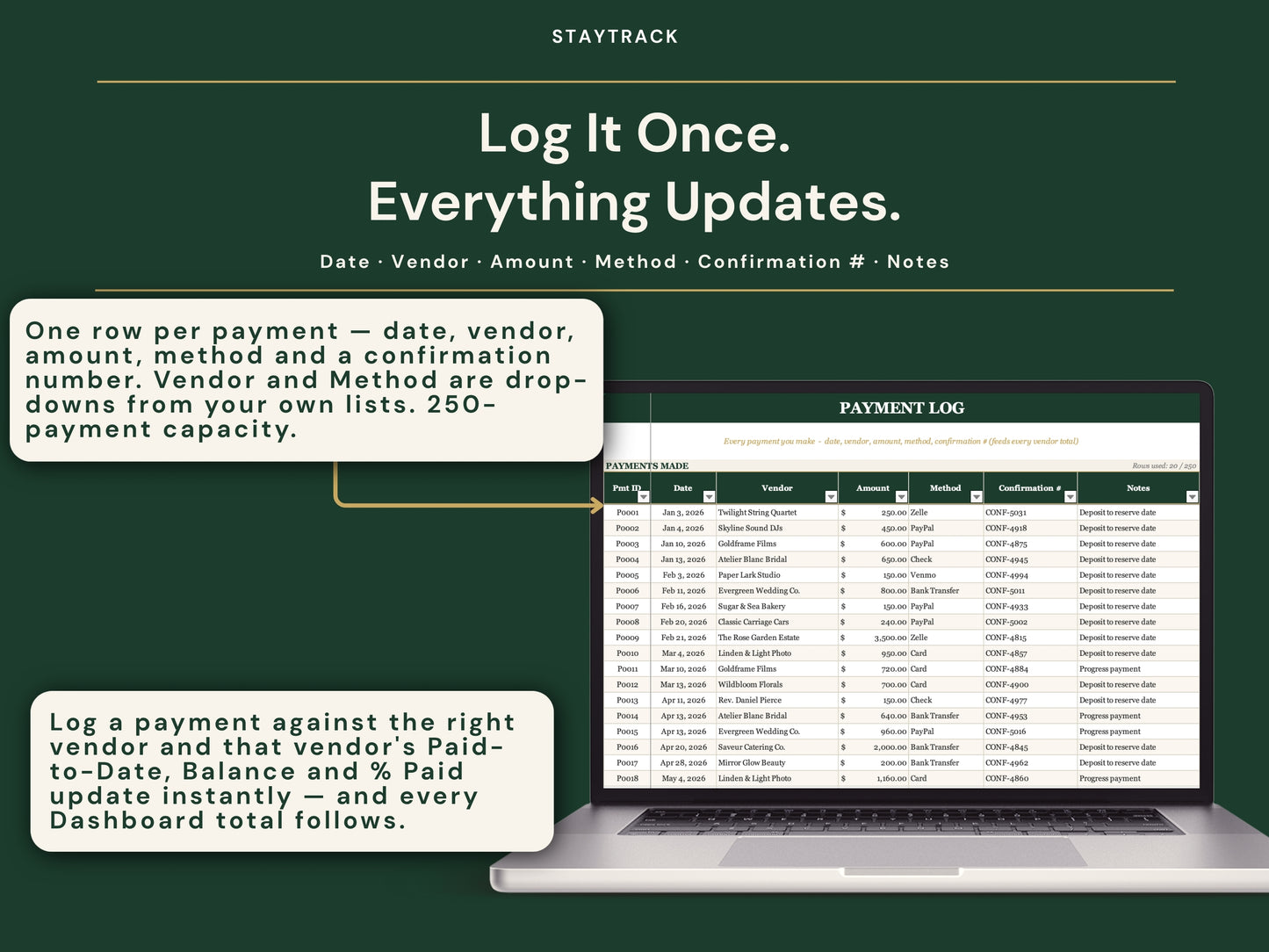 Wedding Vendor & Payment Tracker — Contracts, Deposits & Payment Schedule (Google Sheets & Excel)