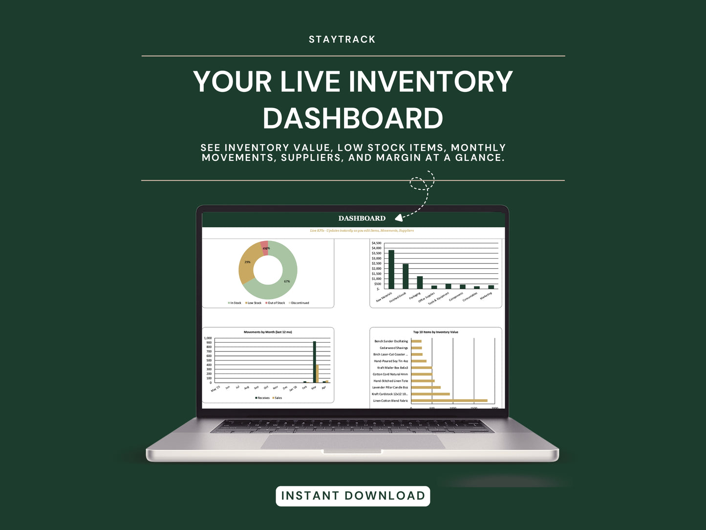 Inventory Management Spreadsheet — Multi-SKU Stock, Reorder Alerts & ABC Analysis (Google Sheets & Excel)