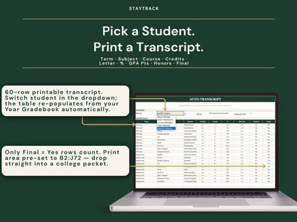 Homeschool Transcript & Gradebook — GPA Calculator + Attendance Tracker (Google Sheets & Excel)
