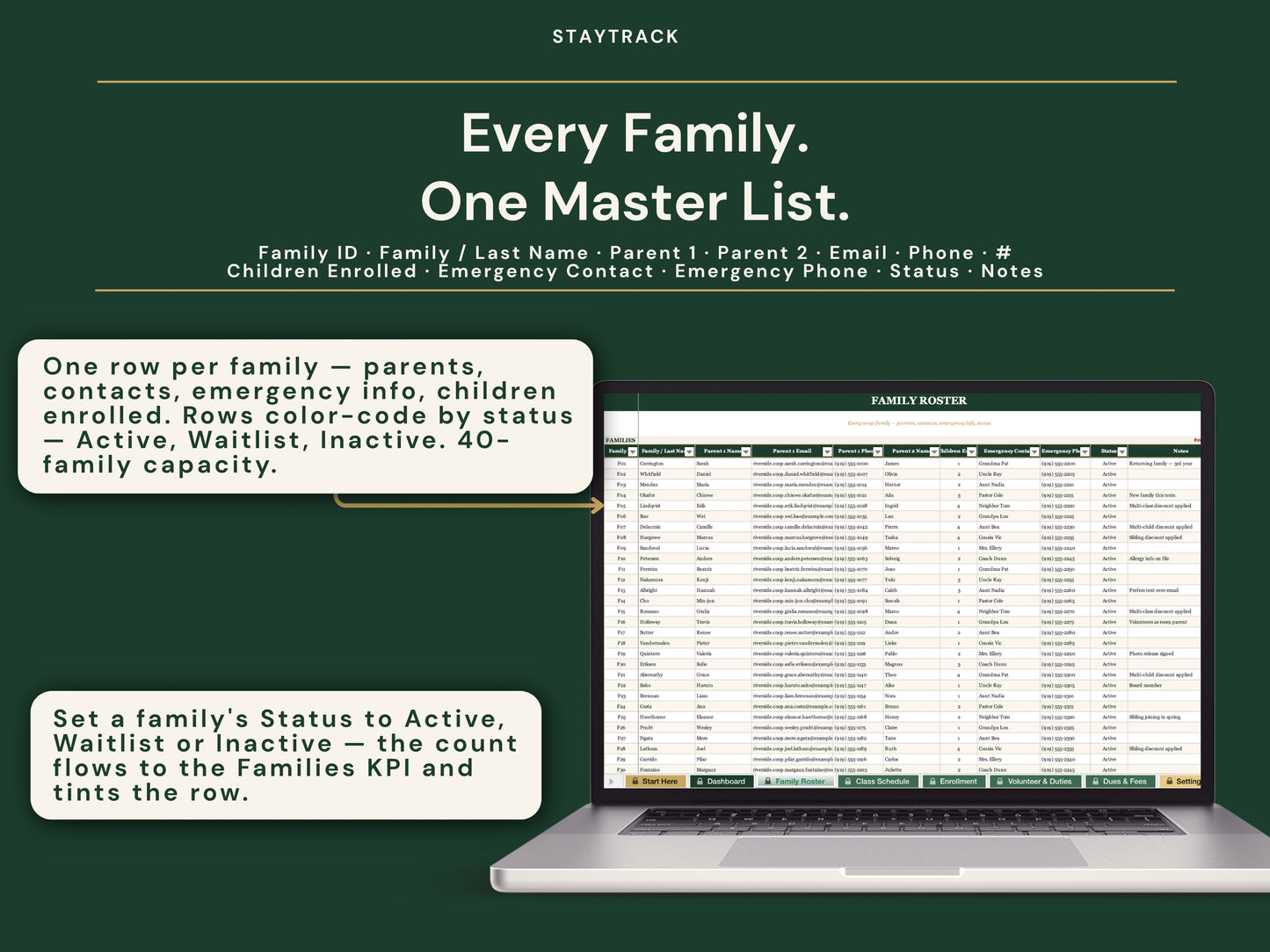 Homeschool Co-op Planner — Roster, Classes, Enrollment, Volunteer & Dues Tracker (Google Sheets & Excel)