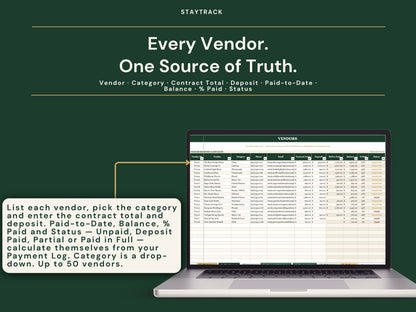 Wedding Vendor & Payment Tracker — Contracts, Deposits & Payment Schedule (Google Sheets & Excel)