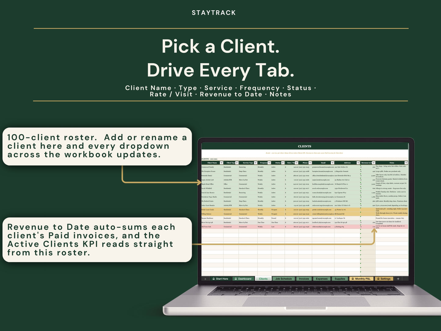 Cleaning Business Operator Spreadsheet — Clients, Schedule, Invoices & Monthly P&L (Google Sheets & Excel)