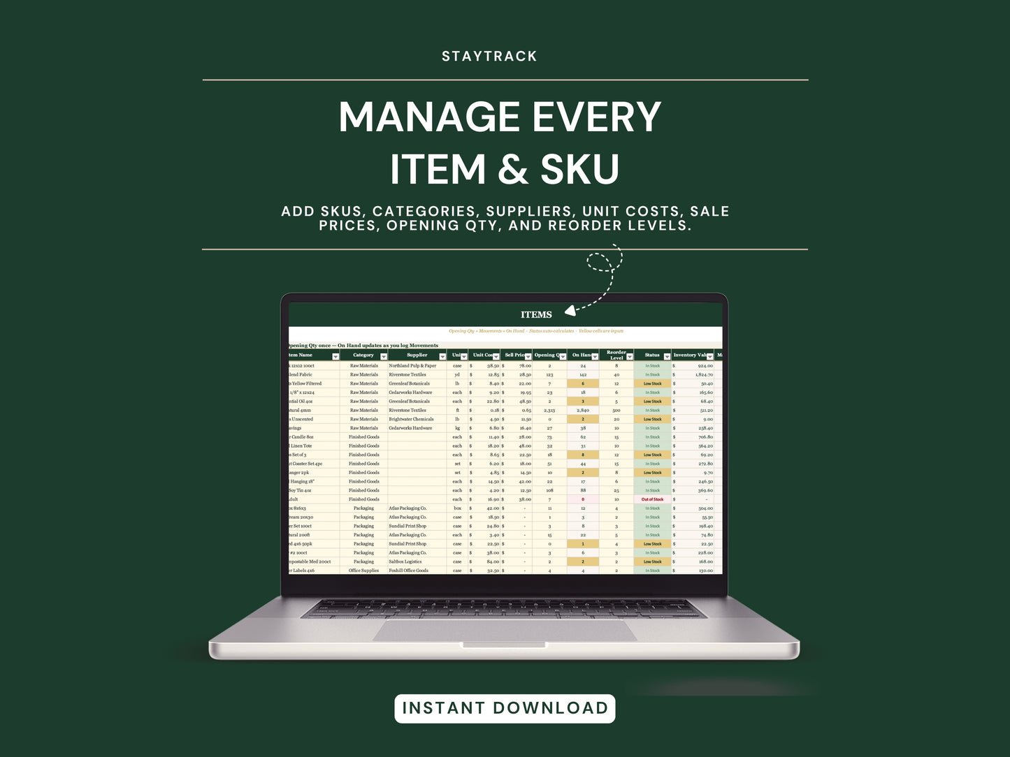 Inventory Management Spreadsheet — Multi-SKU Stock, Reorder Alerts & ABC Analysis (Google Sheets & Excel)
