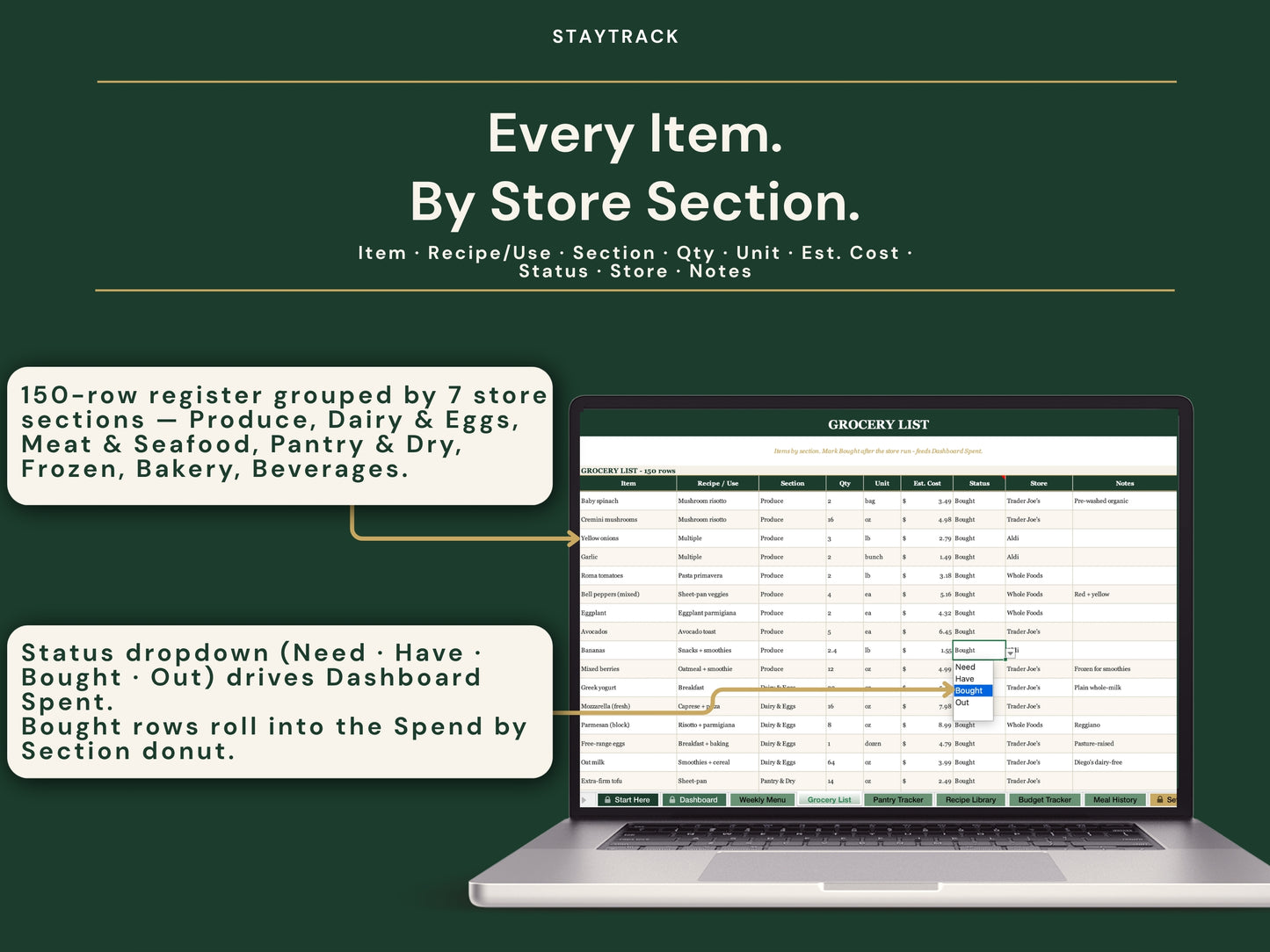 Meal Planner Spreadsheet — Weekly Menu, Auto Grocery List, Recipe Library & Budget (Google Sheets & Excel)