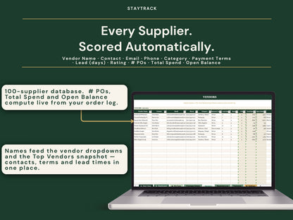 Purchase Order & Vendor Tracker Spreadsheet — Branded POs, Receiving & Payments (Google Sheets & Excel)