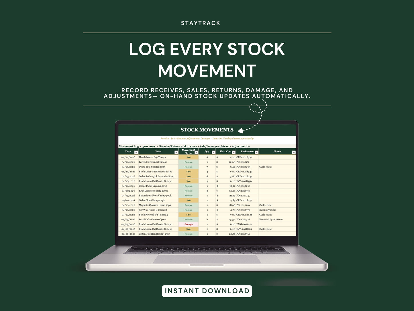 Inventory Management Spreadsheet — Multi-SKU Stock, Reorder Alerts & ABC Analysis (Google Sheets & Excel)