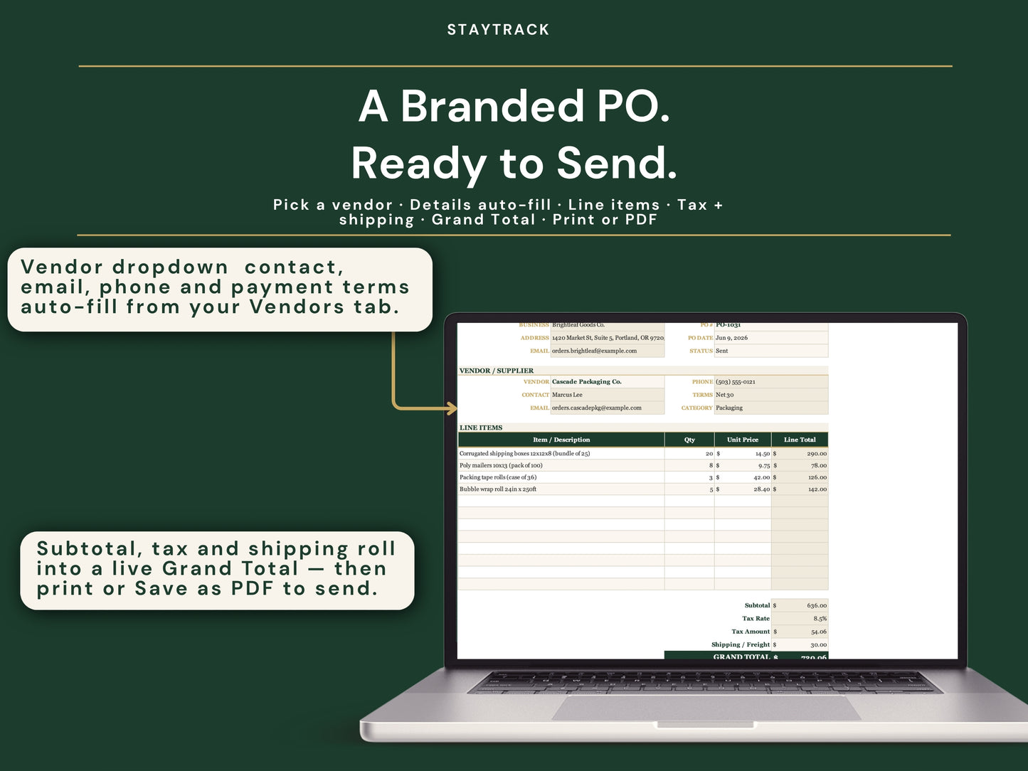 Purchase Order & Vendor Tracker Spreadsheet — Branded POs, Receiving & Payments (Google Sheets & Excel)