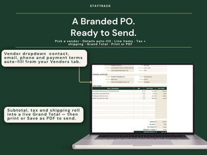 Purchase Order & Vendor Tracker Spreadsheet — Branded POs, Receiving & Payments (Google Sheets & Excel)