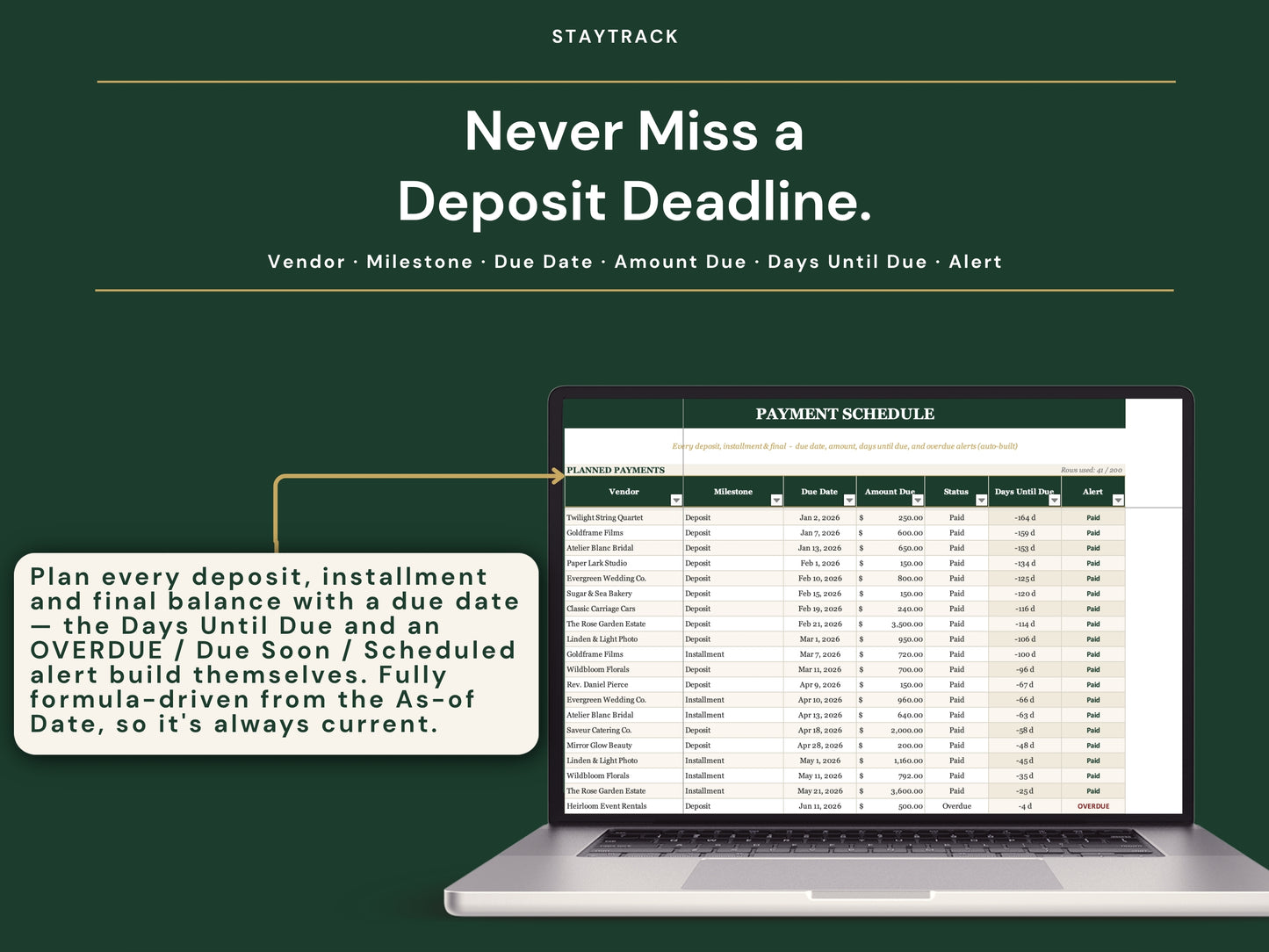Wedding Vendor & Payment Tracker — Contracts, Deposits & Payment Schedule (Google Sheets & Excel)