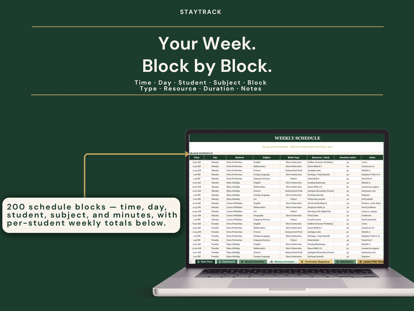 Homeschool Planner — Year-at-a-Glance, Weekly Schedule & Lesson Plans (Google Sheets & Excel)