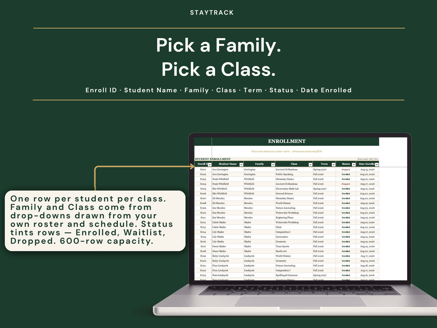 Homeschool Co-op Planner — Roster, Classes, Enrollment, Volunteer & Dues Tracker (Google Sheets & Excel)
