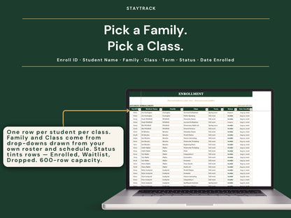 Homeschool Co-op Planner — Roster, Classes, Enrollment, Volunteer & Dues Tracker (Google Sheets & Excel)