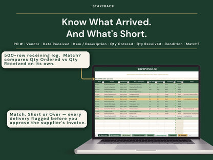 Purchase Order & Vendor Tracker Spreadsheet — Branded POs, Receiving & Payments (Google Sheets & Excel)