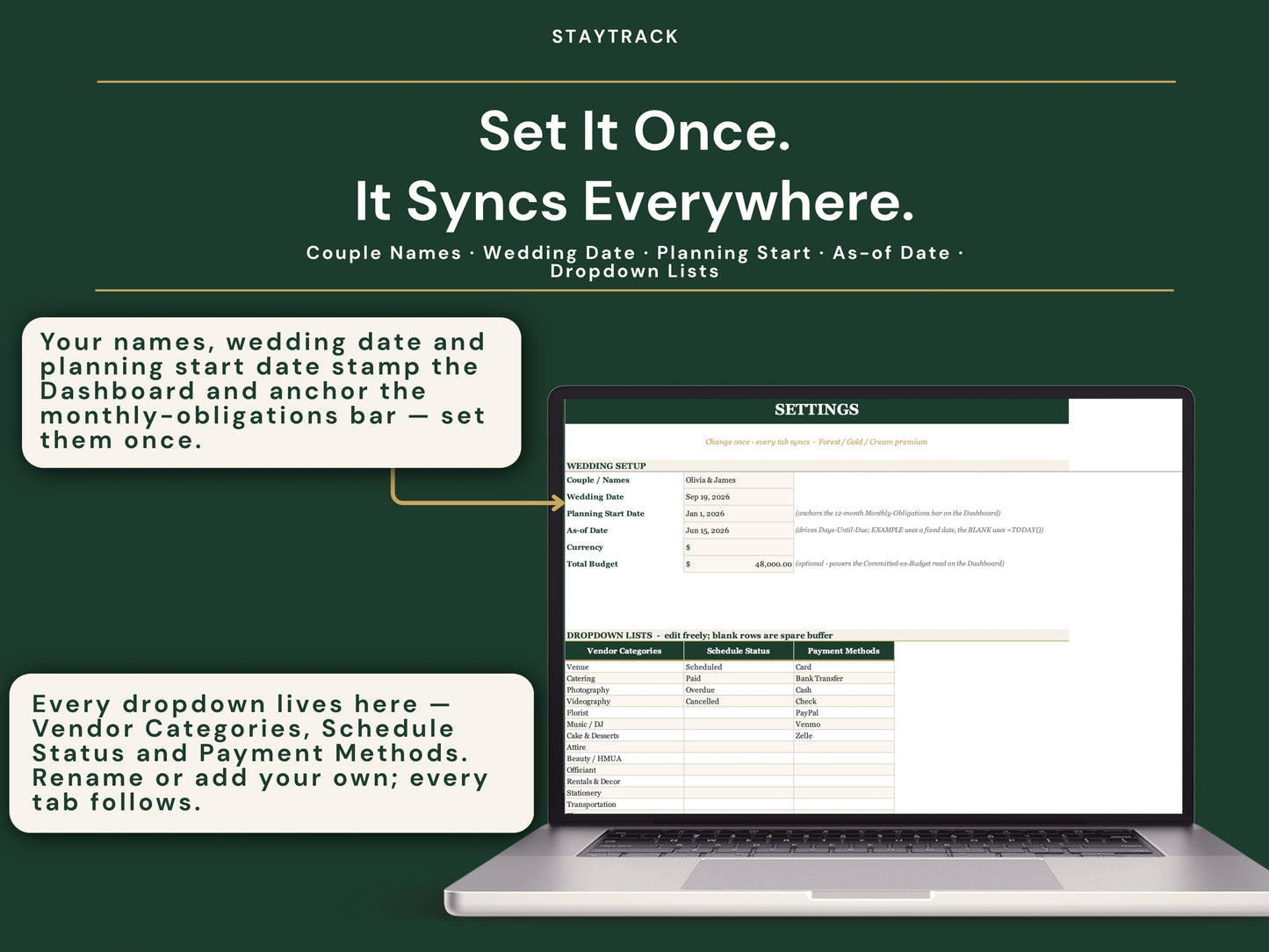 Wedding Vendor & Payment Tracker — Contracts, Deposits & Payment Schedule (Google Sheets & Excel)