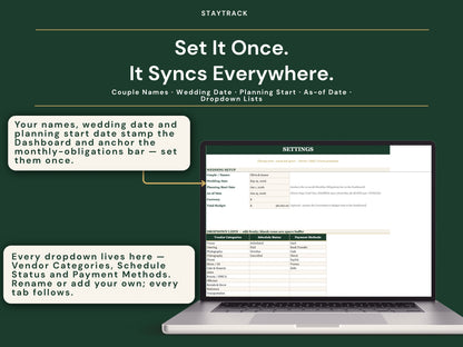 Wedding Vendor & Payment Tracker — Contracts, Deposits & Payment Schedule (Google Sheets & Excel)