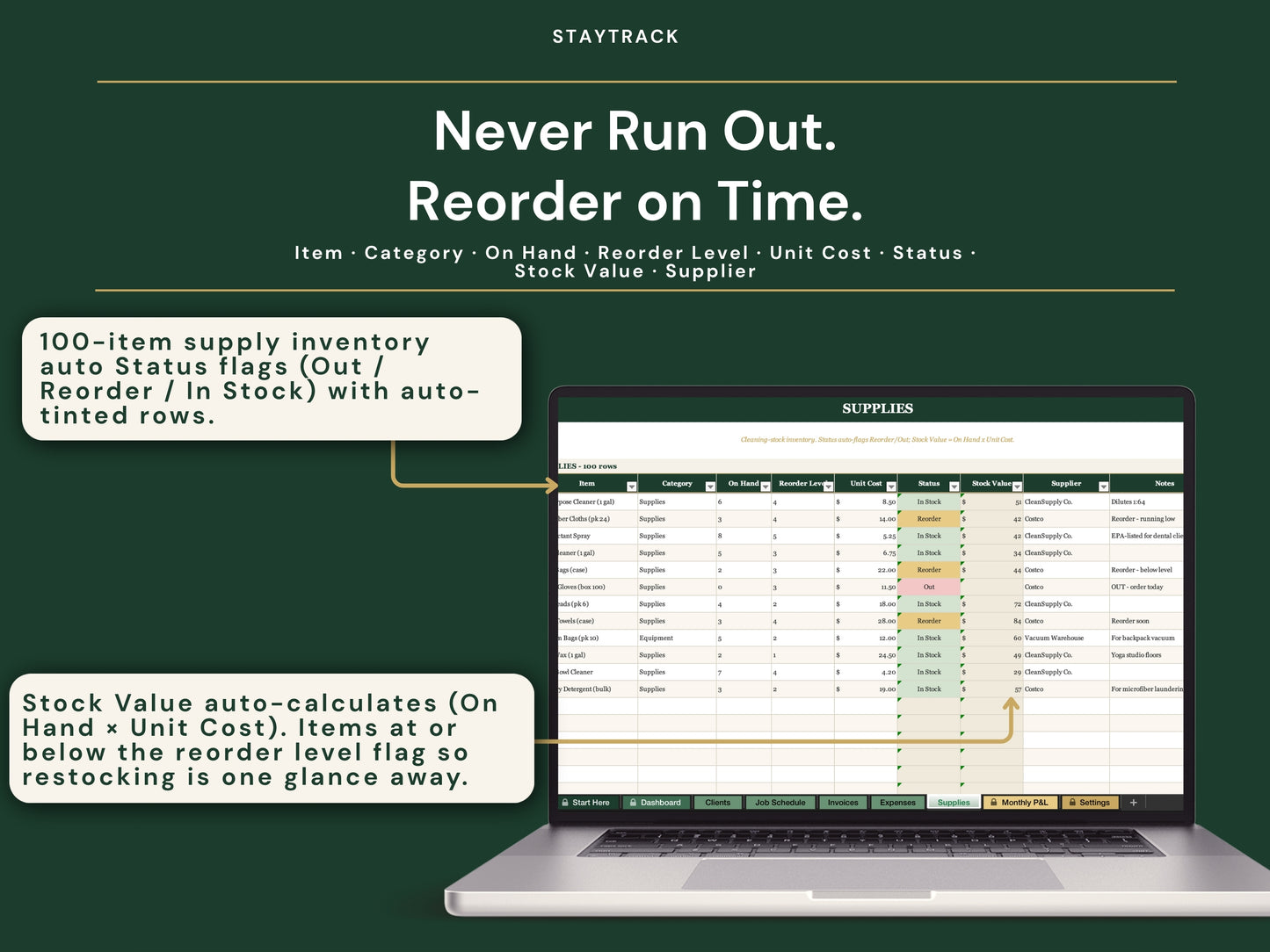 Cleaning Business Operator Spreadsheet — Clients, Schedule, Invoices & Monthly P&L (Google Sheets & Excel)