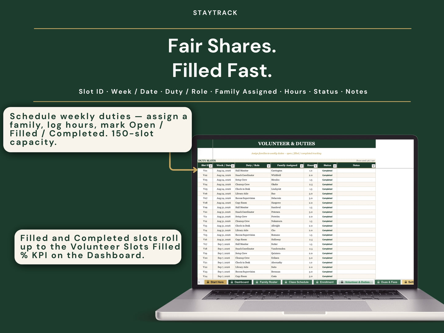 Homeschool Co-op Planner — Roster, Classes, Enrollment, Volunteer & Dues Tracker (Google Sheets & Excel)