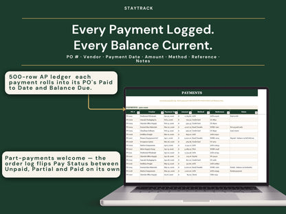Purchase Order & Vendor Tracker Spreadsheet — Branded POs, Receiving & Payments (Google Sheets & Excel)