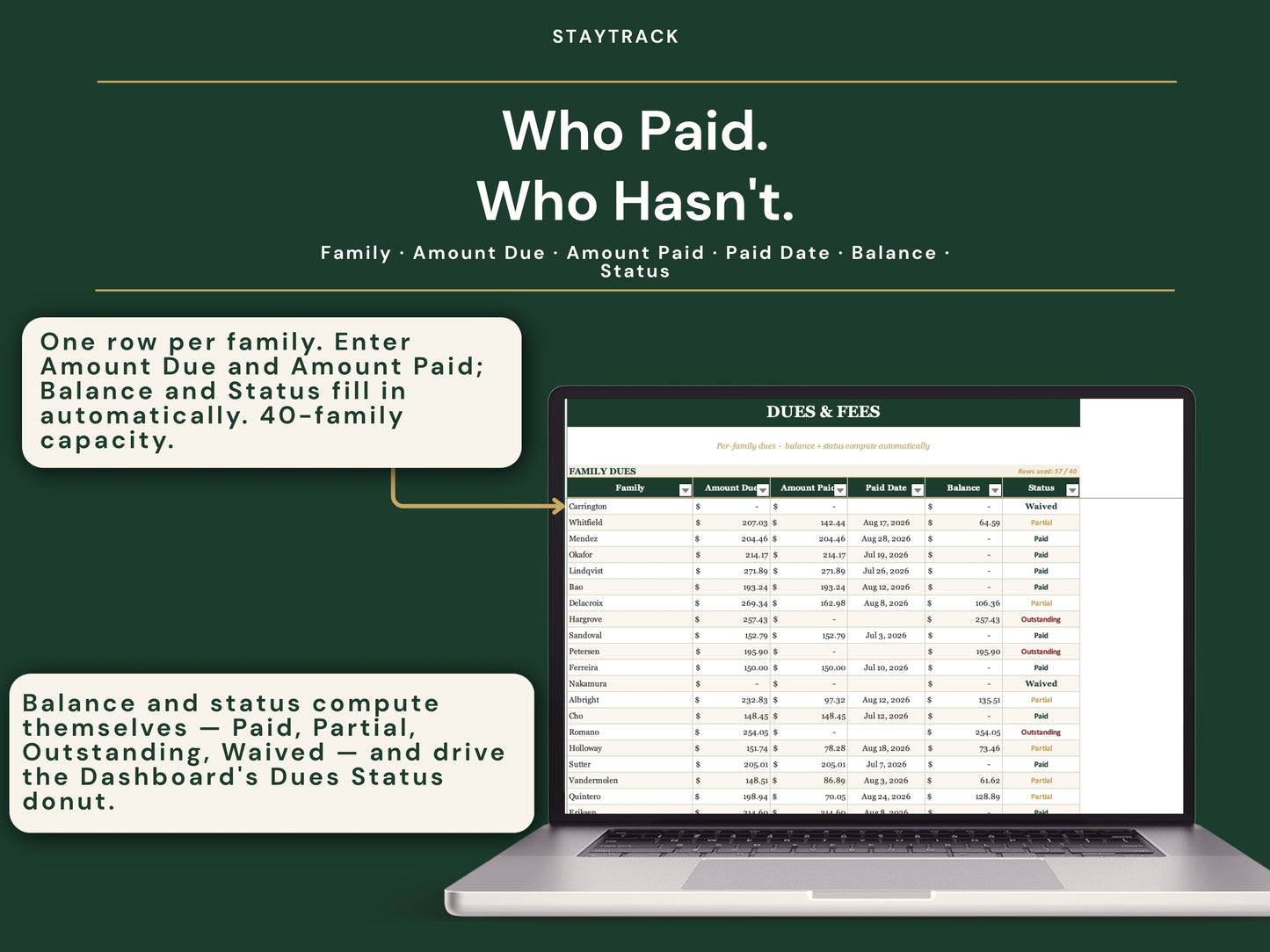 Homeschool Co-op Planner — Roster, Classes, Enrollment, Volunteer & Dues Tracker (Google Sheets & Excel)